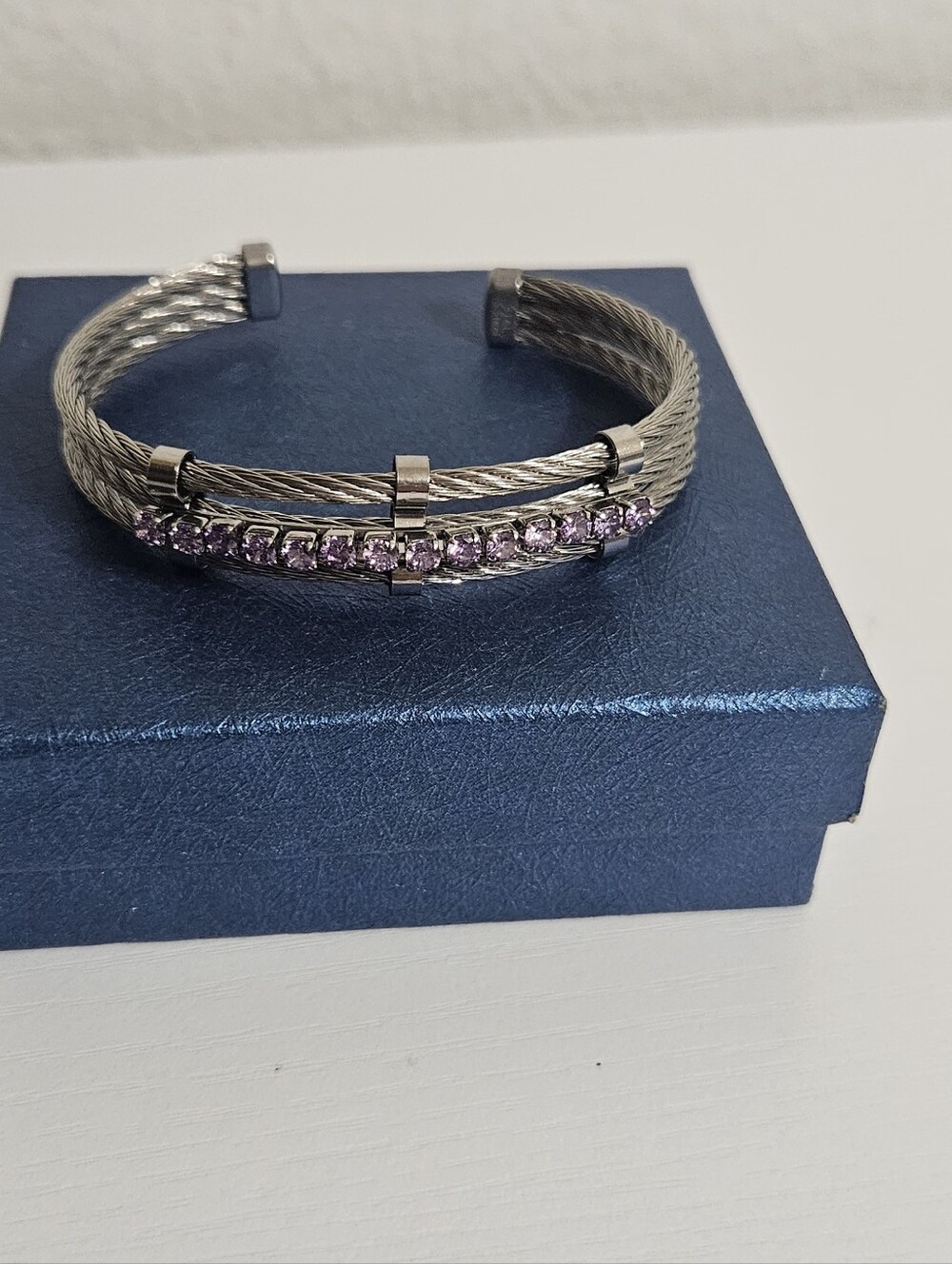 Silver Cable Cuff Bracelet with Light Purple Stones